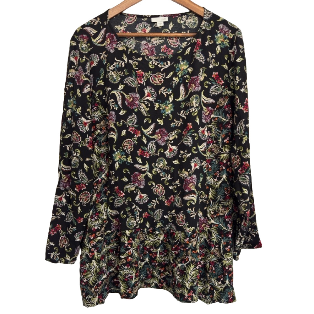 J.Jill Mixed Print Shirred Tunic Black “Cascading Vines” Pattern Women’s XL